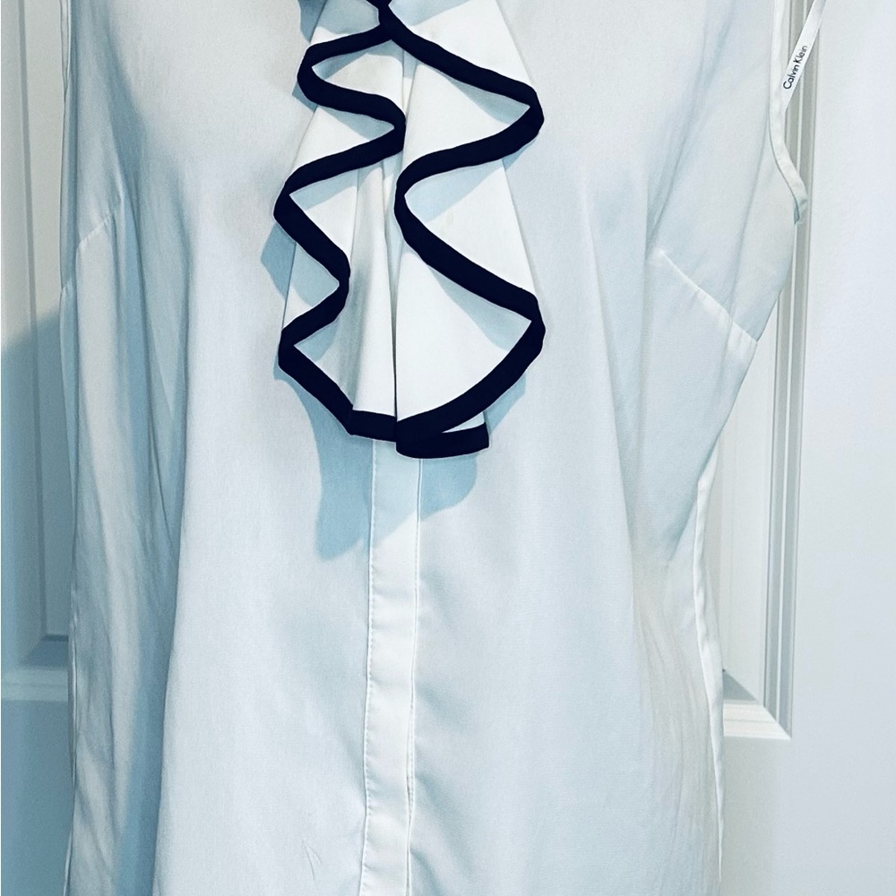 Calvin Klein Ivory Sleeveless Blouse with Black Ruffle Trim
